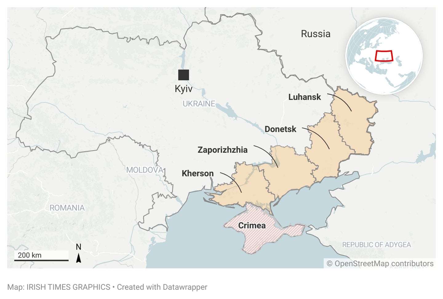 Map showing the four regions in Ukraine that Russia says it will annex following referendums in Donetsk, Luhansk, Kherson and Zaporizhia