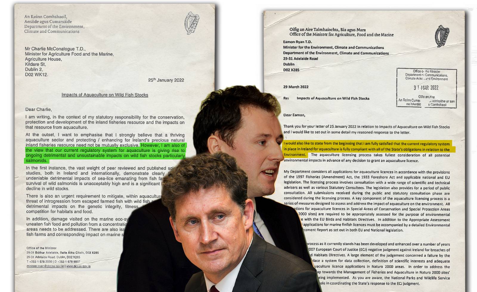 Graphic of letters exchanged between Dept of Environment and DAFM with headshots of Ryan and McConalogue