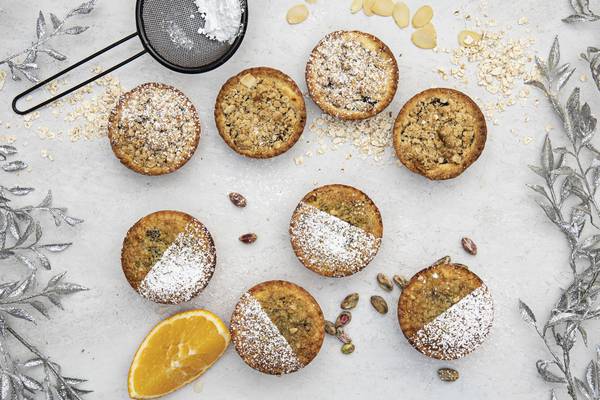 Pistachio and orange and almond crumble mince pies