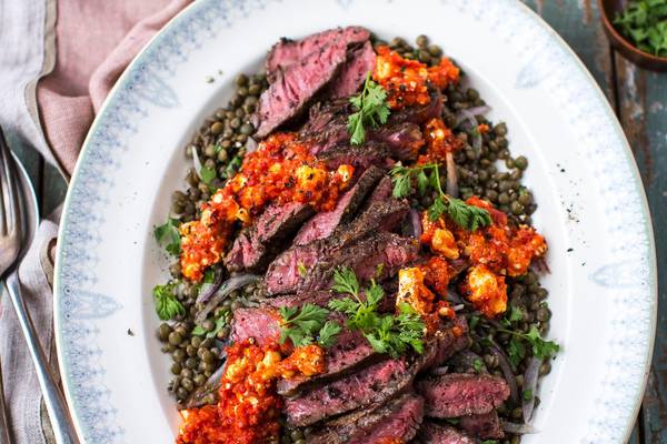 Griddled beef with htipiti spread and lentil salad