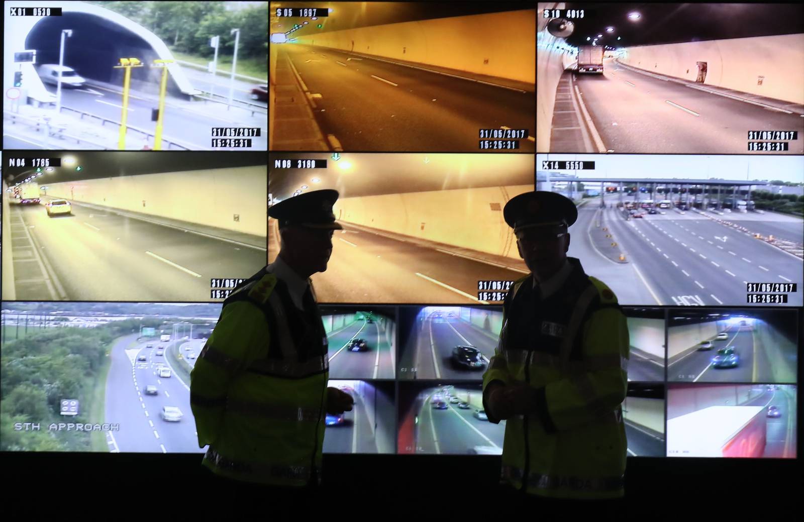 Garda Officers in the control room at the Dublin Tunnel headquarters on the speed camera enforcement system which is set to go live on June 1, 2017. PRESS ASSOCIATION Photo. Picture date: Wednesday May 31, 2017. The average speed camera enforcement system monitors a driver's average speed while through the Dublin Tunnel and if a driver is above the 80 km/h speed limit the driver will be in violation and enforcement penalties will apply. Photo credit should read: Niall Carson/PA Wire