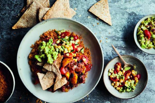 The Happy Pear: a burrito bowl with homemade guacamole and salsa for sharing