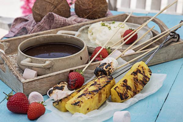 Grilled pineapple and chocolate fondue is perfect for a summer evening
