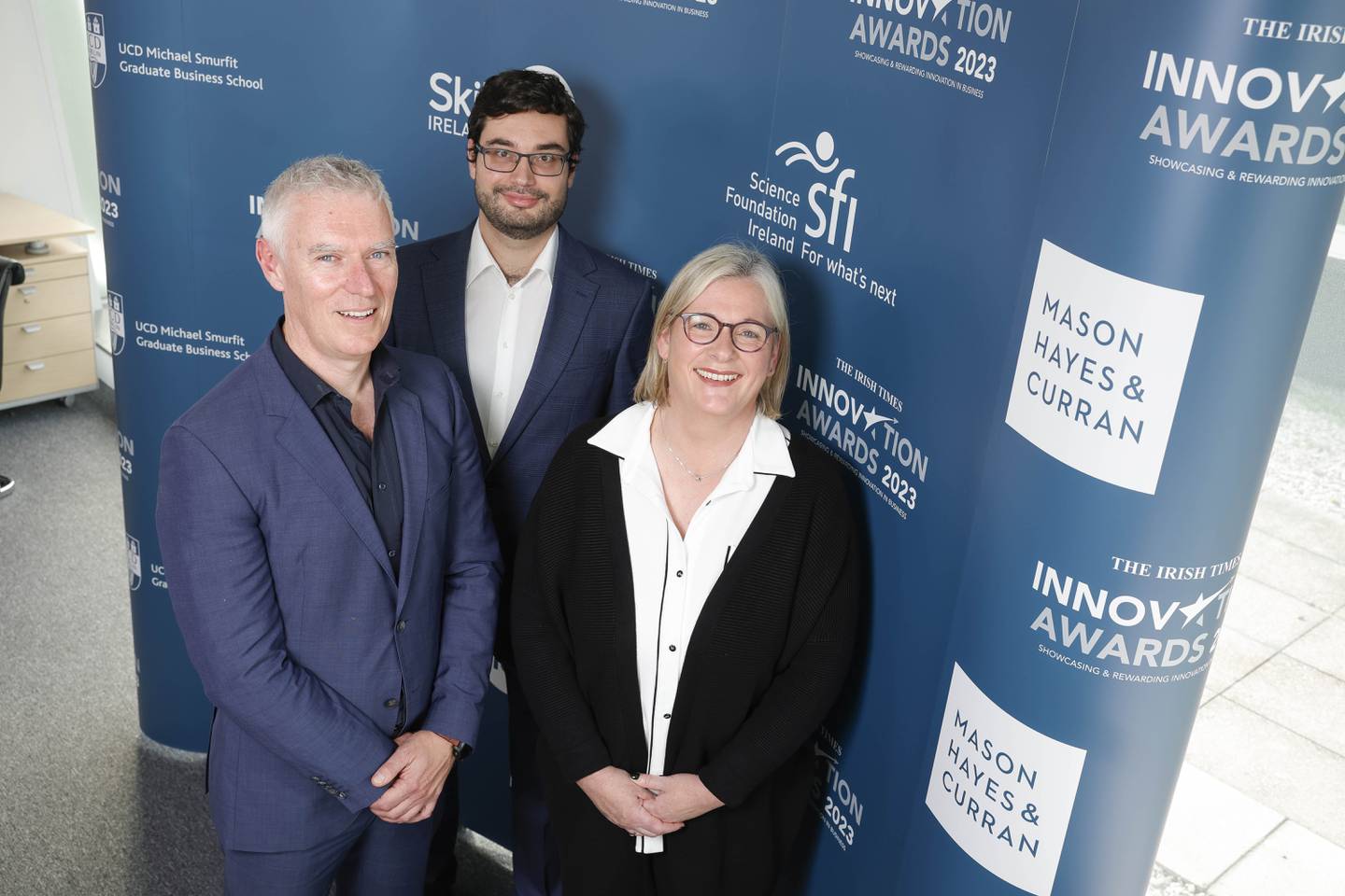 Leo Peyton, Matej Ulicny and Julie Connelly of Ai Map It at The Irish Times Innovation Awards 2023 final judging day. Photograph: Conor McCabe Photography.