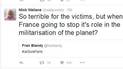 Mick Wallace criticised over tweet about Paris attacks