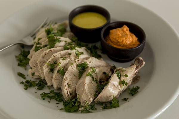Poached chicken with spicy red pepper mayonnaise