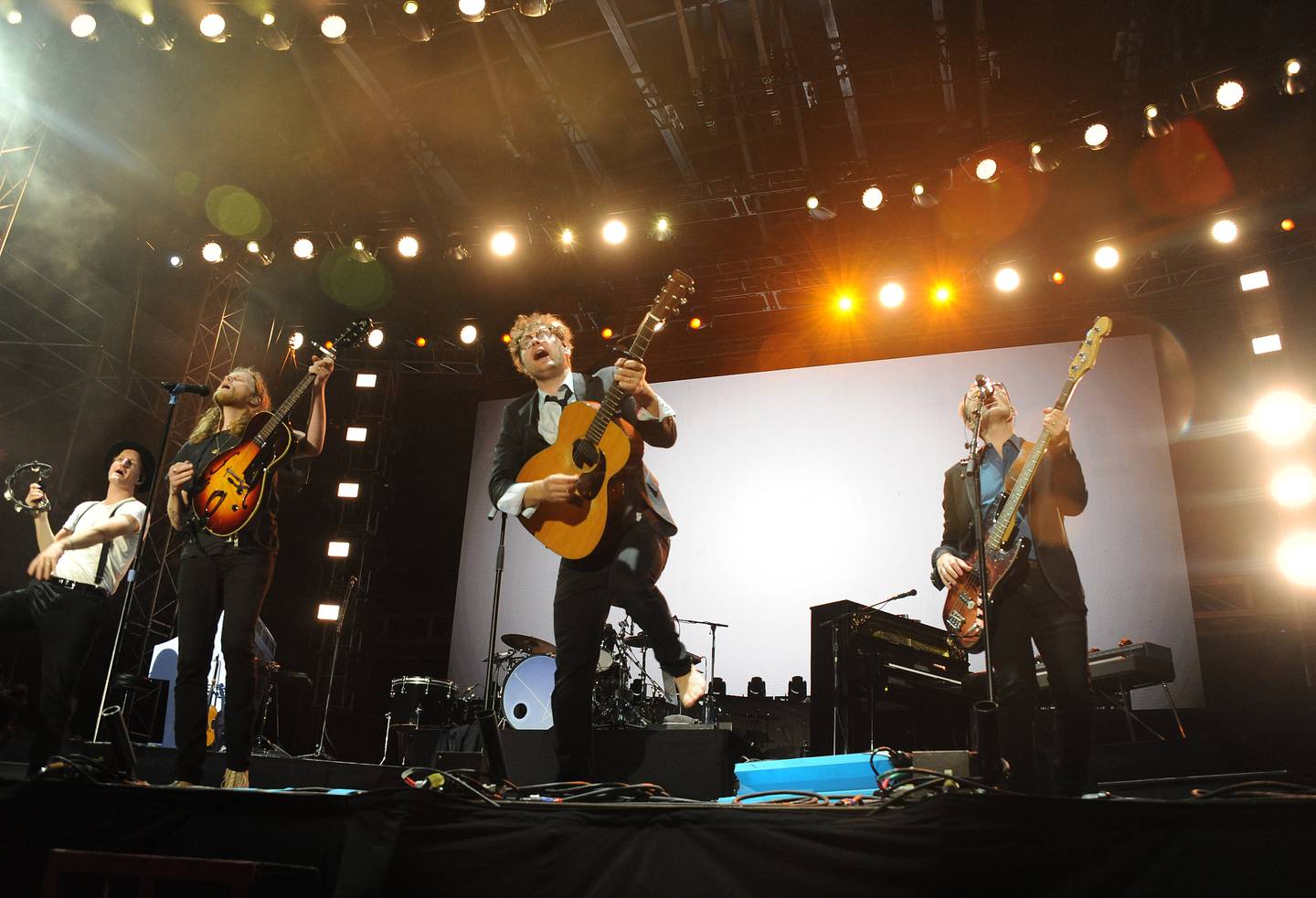 FORT LAUDERDALE, FLORIDA - DECEMBER 04: Jeremiah Fraites, Wesley Schultz, Stelth Ulvang and Ben Wahamaki of The Lumineers perform on stage during Audacy Beach Festival at Fort Lauderdale Beach Park on December 04, 2021 in Fort Lauderdale, Florida. (Photo by Desiree Navarro/Getty Images)