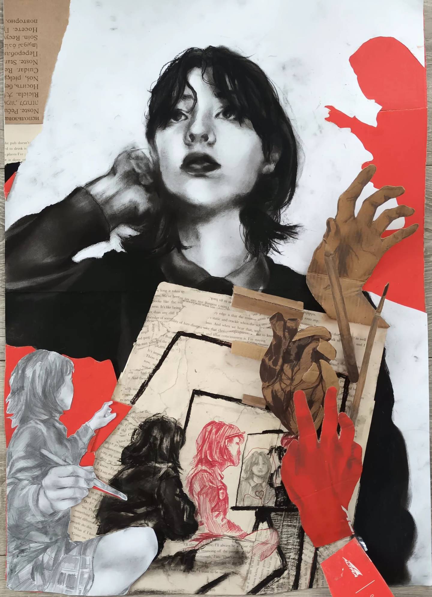 Maya Ryan (Sligo), Reach for me, pencil, charcoal, pen, book pages, paper bags & collage, cardboard on paper