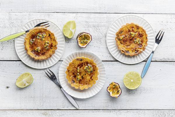Passionfruit and lime creme brulee tarts
