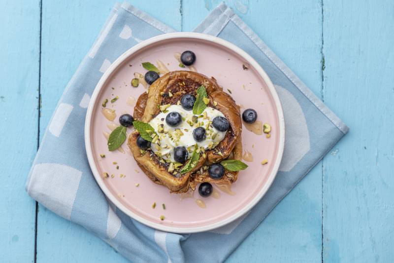 French toast with blueberries, honey and yoghurt