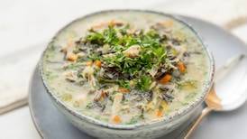 Creamy chicken soup with wild rice and leeks