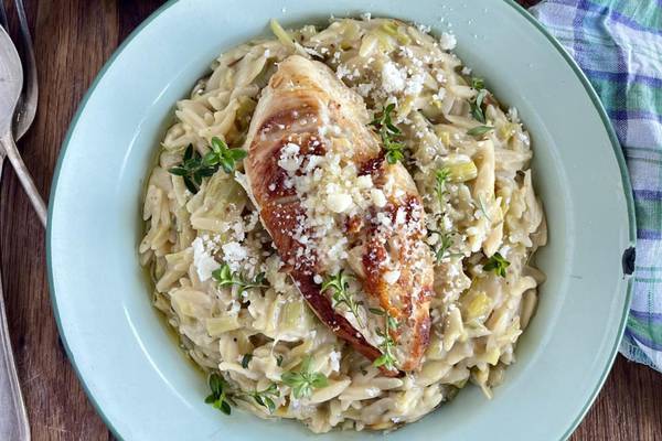 Creamy leek and Dijon orzo with chicken