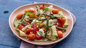 Grilled ratatouille salad with toasted pine nuts, basil and mozzarella