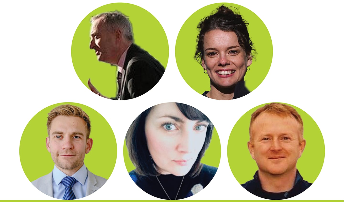 Eamon Ryan GP: Party Leader Advisers:
Top L-R Donall Geoghegan, Anna Conlan 
Bottom L-R Eamonn Fahey, Niamh Allen, David Healy