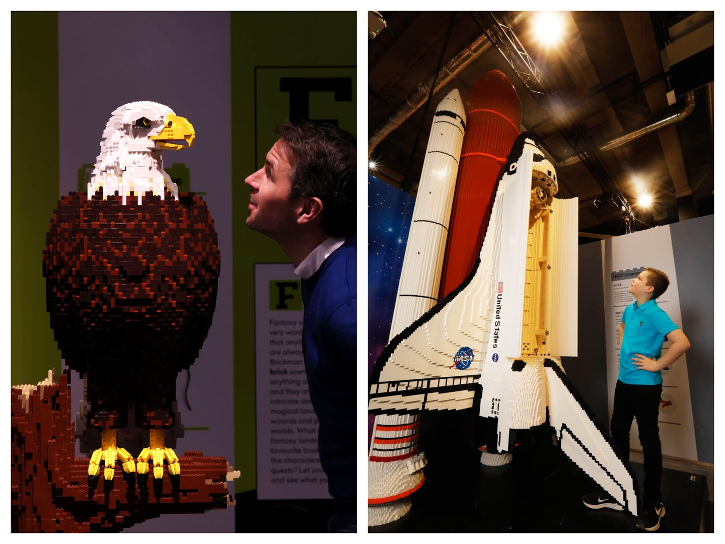 Kieran Cuddihy with an eagle sculpture and Finn Ryan with a two-metre-high space shuttle, which are included in the Bricktionary Lego exhibition. Photographs: Leon Farrell/Photocall