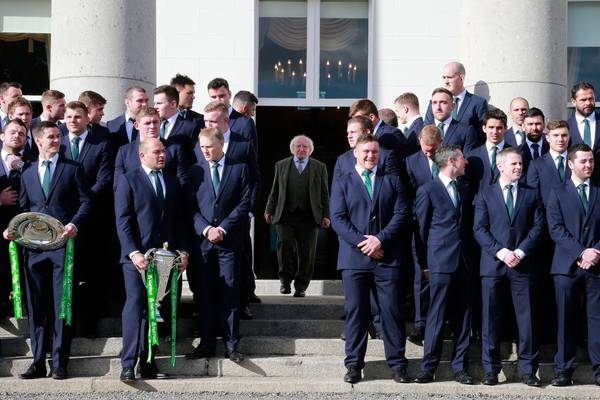 President Higgins welcomes Ireland’s Grand Slam heroes to Áras