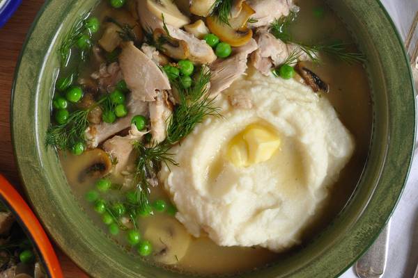 Chicken and mushroom casserole with celeriac mash