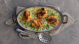 Roasted monkfish with fricassee of peas and bacon