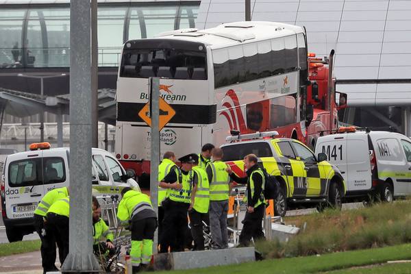 Runaway bus smashes through traffic lights and signs at Dublin Airport