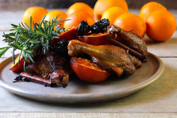 Crispy duck legs with clementine and sherry