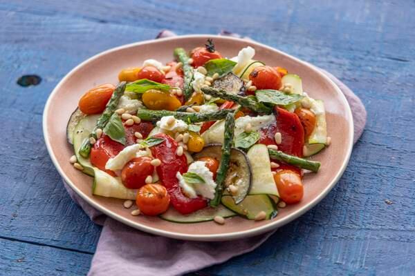 Grilled ratatouille salad with toasted pine nuts, basil and mozzarella