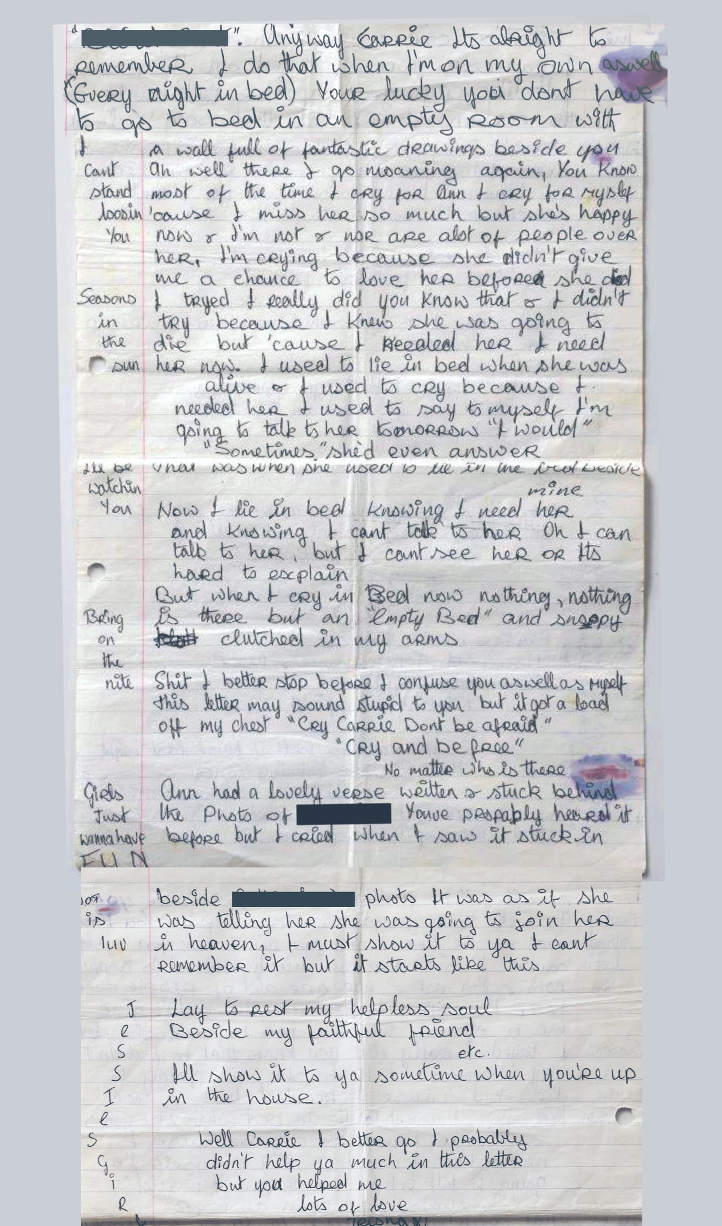 Extract from a letter from Trisha Lovett to Carrie Lee, Belinda's sister, written after the death of Ann Lovett
