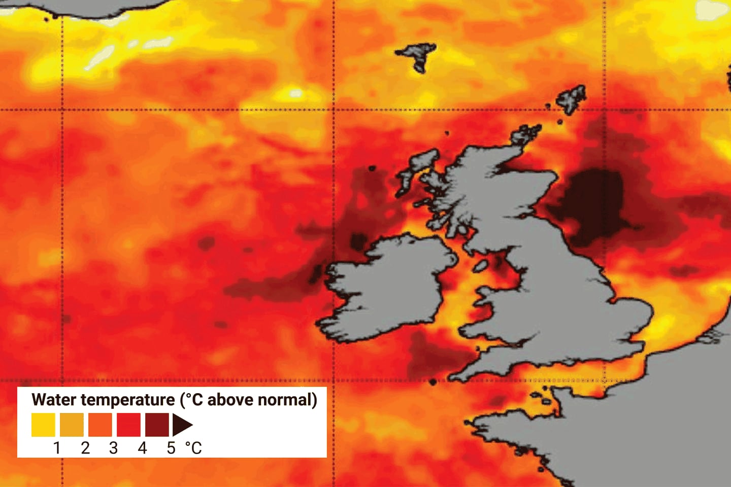 Temperatures in the oceans around Ireland and the UK are between 3 and 5 degrees higher than normal: Graphic: National Oceanic and Atmospheric Administration (NOAA)