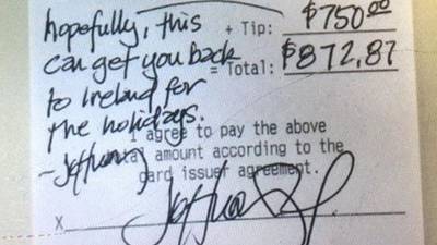 Irish waiter  gets $750 tip in US towards trip home for Christmas