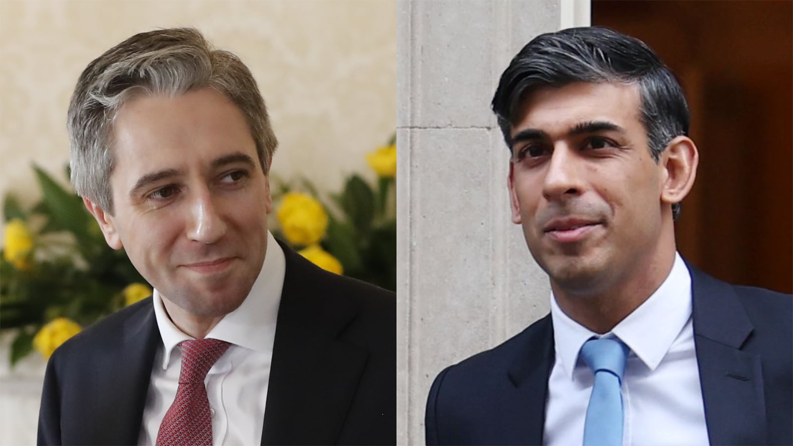 Taoiseach Simon Harris and British prime minister Rishi Sunak (right). Photographs: Damien Storan/PA, Andy Rain/EPA
composite picture collage side by side