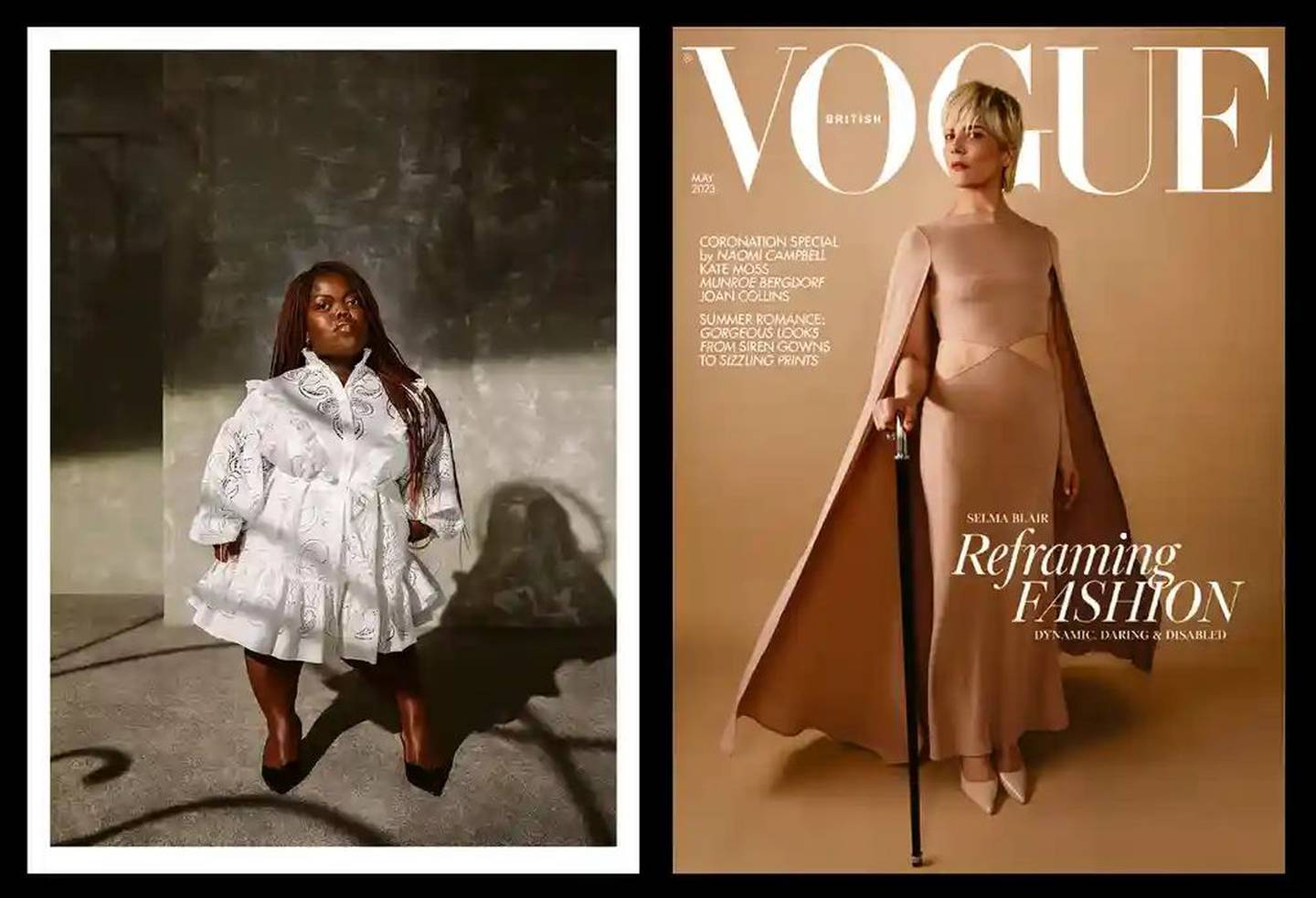 Timbo, author, comedian and content creator, in the May 2023 edition of Vogue; and Selma Blair on the cover. Composite: Adama Jalloh/Condé Nast