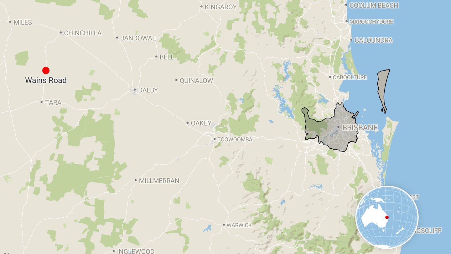 Police were called to a property at Wains Road in Wieambilla, in the Western Downs region some 270km west of Brisbane, about 4.45pm on Monday. Map: Datawrapper