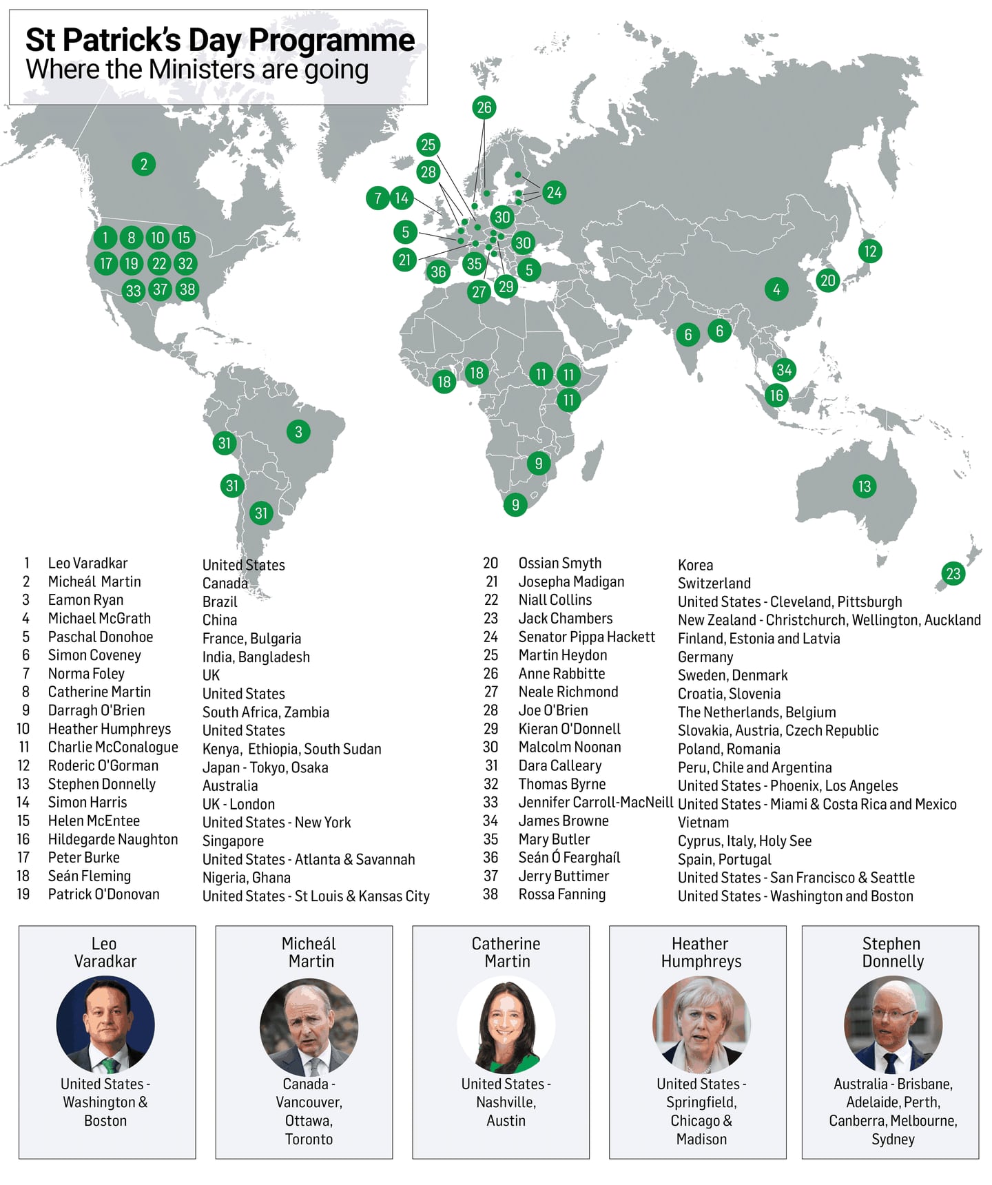 Map of all the destinations for diplomatic trips for St Patrick's Day