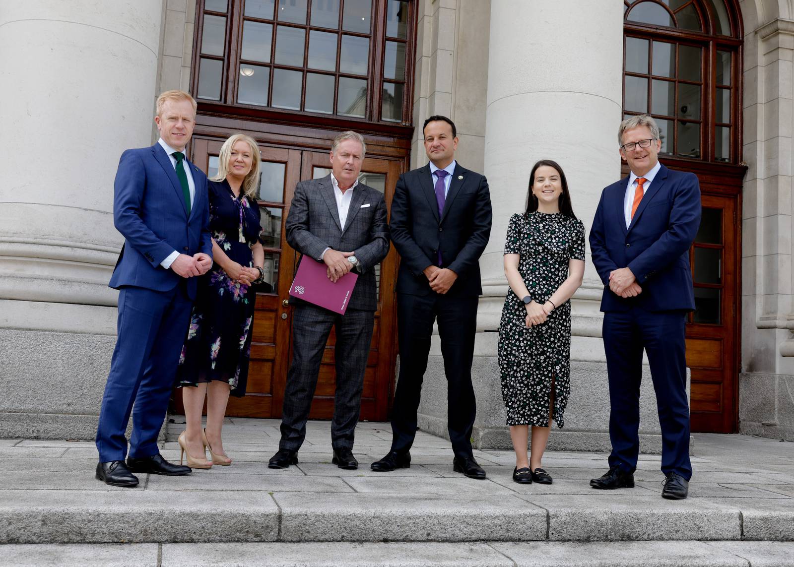 From left: Dónal Travers, global head of technology & CCBS; Deirdre Ardagh, Three, senior privacy and public policy counsel; Robert Finnegan CEO, Three Ireland and Three UK; Tánaiste Leo Varadkar; Sarah Connelly, project executive, IDA; and Andrew Vogelaar, head of growth markets, IDA, at Government buildings.  Photograph:  Maxwells