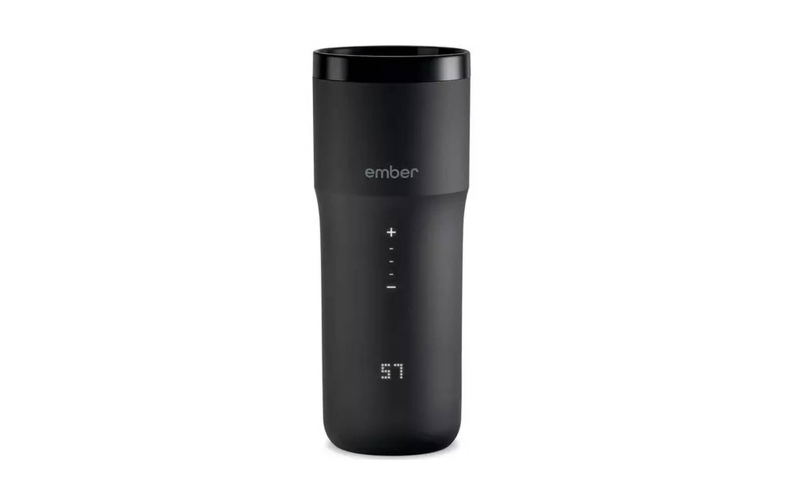 Ember Travel Mug, with digital display on the front showing the temperature