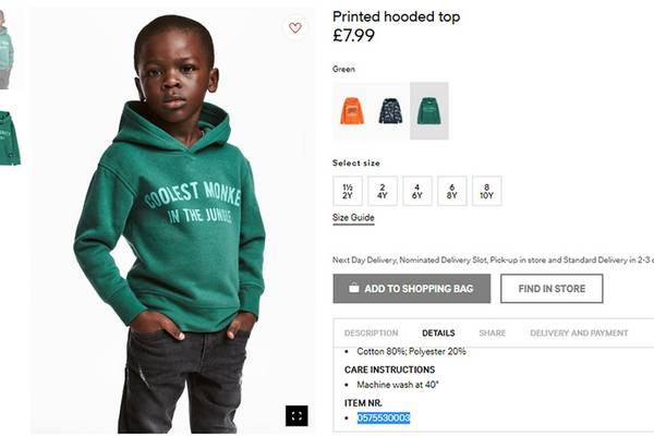 H&M apologises for image of black child wearing ‘monkey’ top
