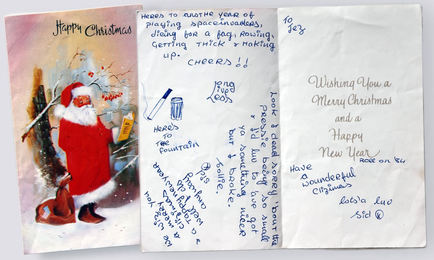 The Christmas card Trisha Lovett ('Sid') sent to Belinda Lee ('Jez') in 1983