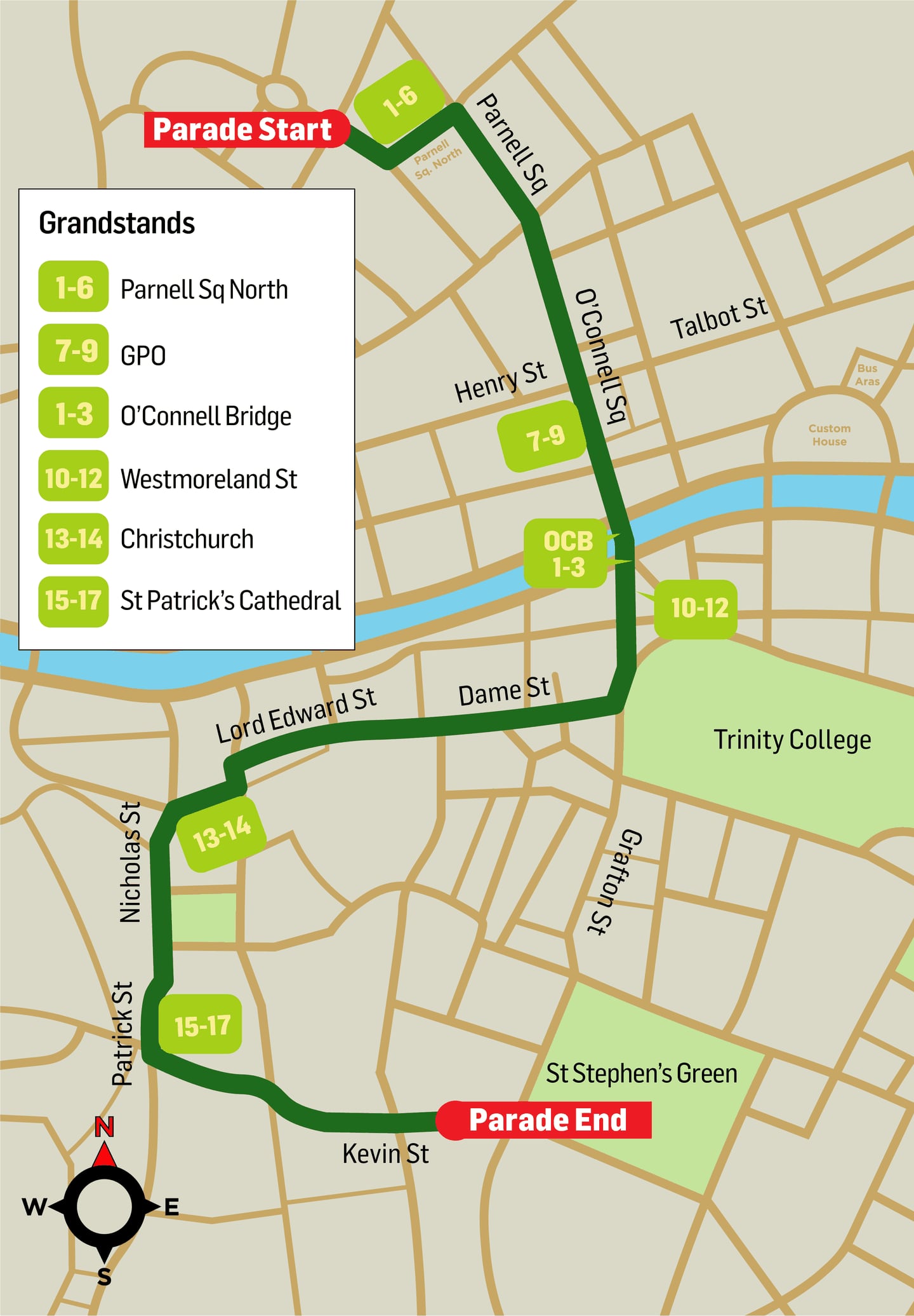 St Patrick's Day parade route Dublin 2024. Map: Paul Scott
