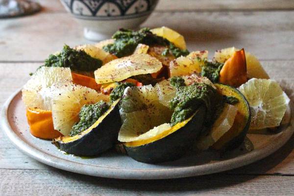 Warm roasted squash and ruby grapefruit salad with salsa verde