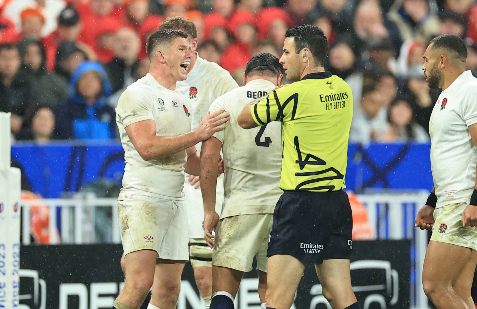 England’s Owen Farrell argues with referee Ben O’Keefe during his side's Rugby World Cup defeat