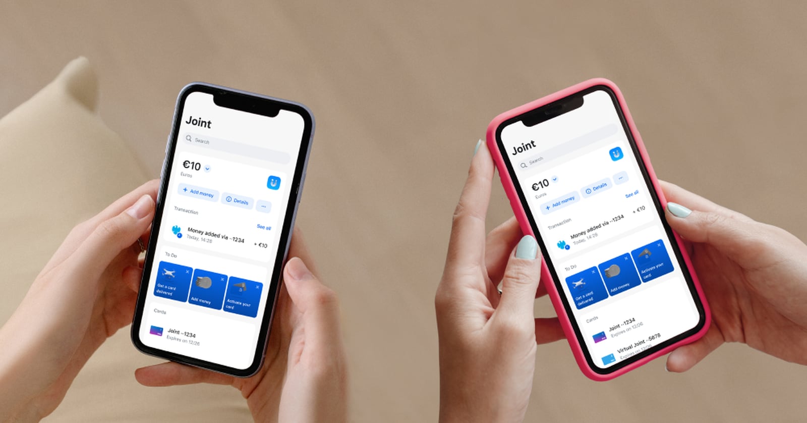 Two smartphones showing the Revolut app open at the joint account screen