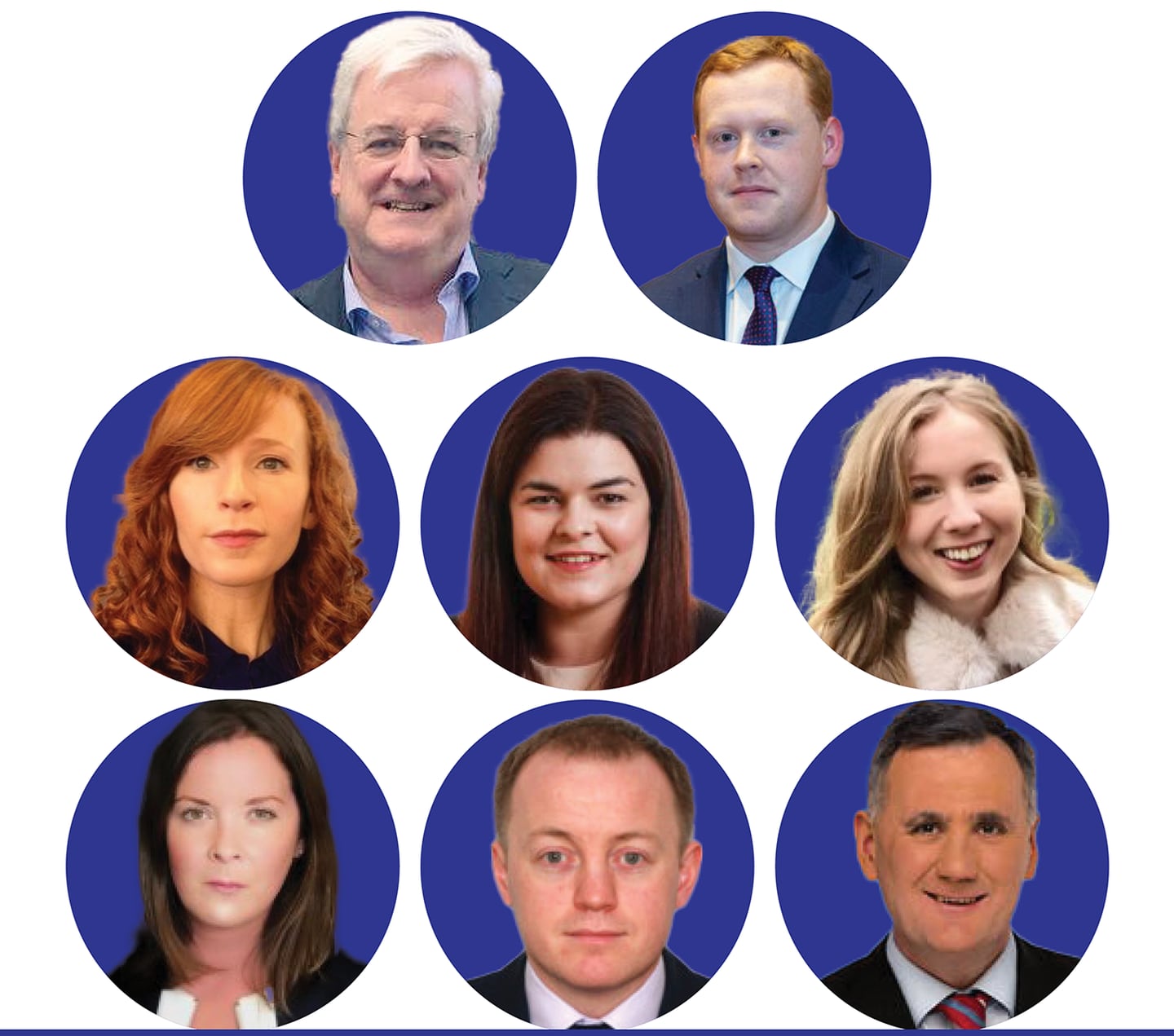 Taoiseach Leo Varadkar FG Advisers:
Top L-R: Brian Murphy PAT. Philip O’Callaghan
Middle: L-R: Clare Mungovan, Bríd Murphy, Sarah O’Neill
Bottom: L-R: Cliona Doyle, Matthew Lynch, Jim D’Arcy
