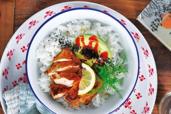 A simple fish and rice dinner in a bowl