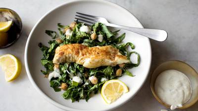 Yotam Ottolenghi’s halibut with spiced chickpea and herb salad