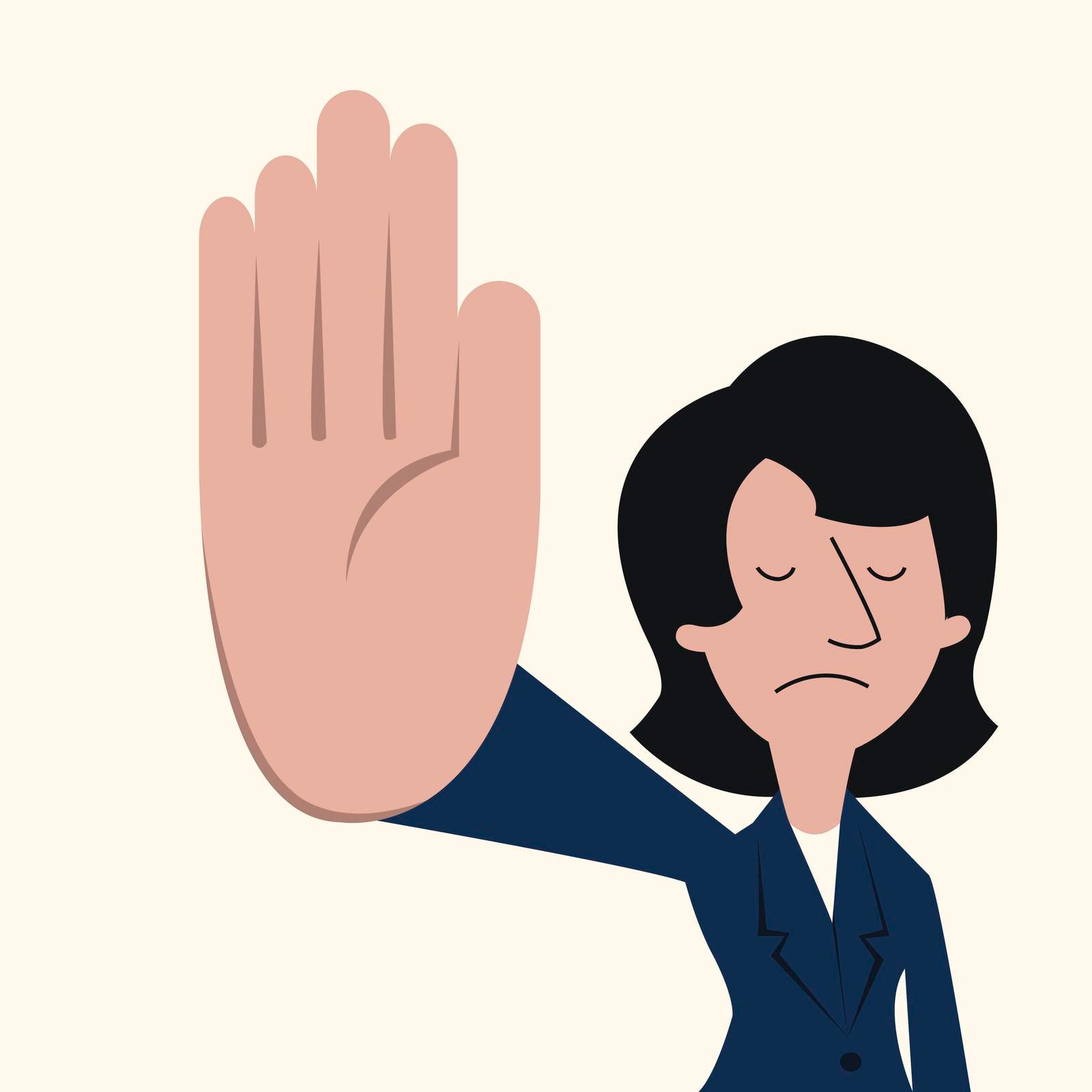 Unhappy businesswoman showing sign 'talk to the hand'. Communication feeling and emotional concept in displeased and want to say please shut up.