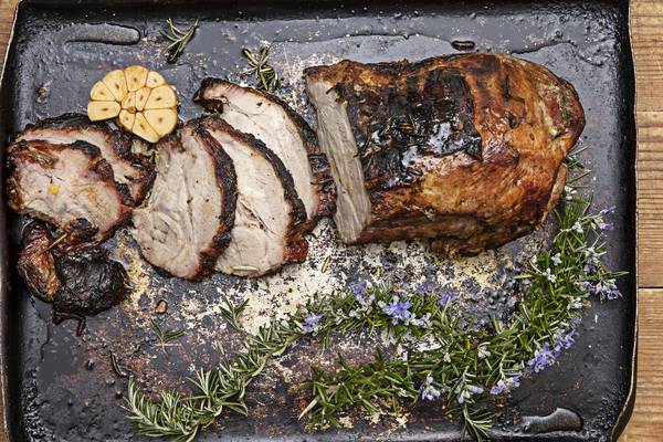 Barbecue pork neck with sweet sherry, garlic and rosemary