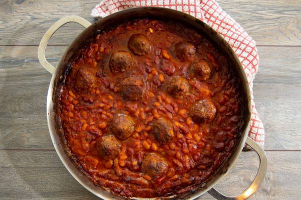 Baked meatball casserole with sweet paprika beans
