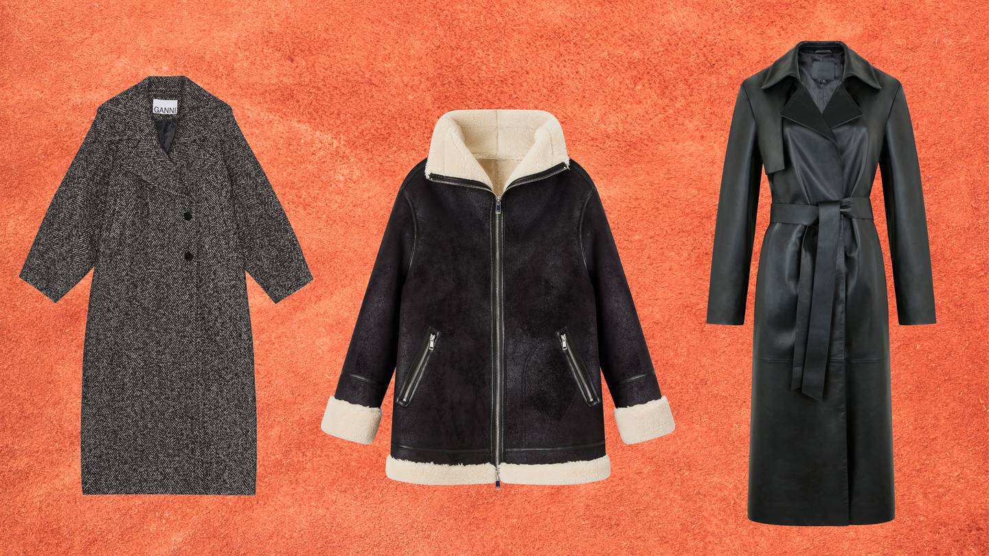 Herringbone wool coat, €595, Ganni; Shearling coat, €83, F&F; Faux leather trench coat, €125, M&S.