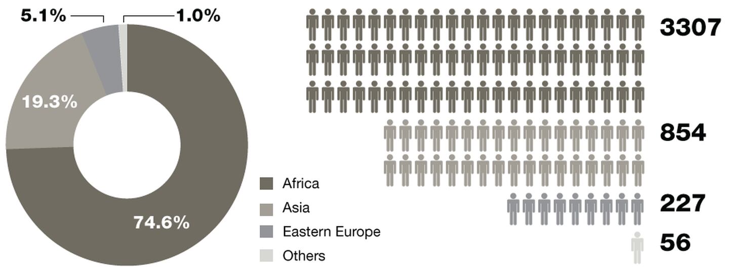 Breakdown by continent of direct provision system residents