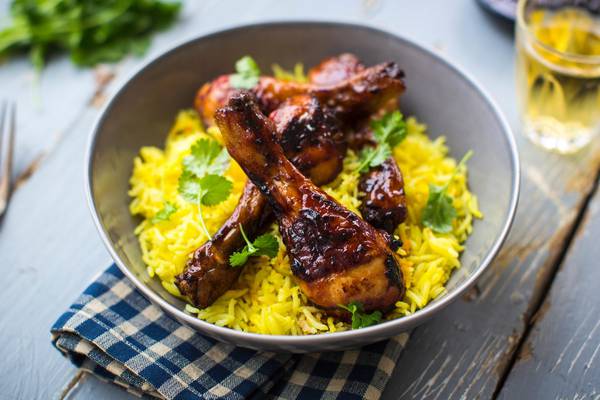 Sweet and sticky balsamic chicken with saffron spiced rice