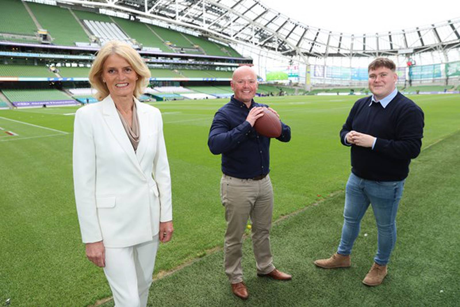 Mary Buckley, Executive Director IDA Ireland, with Barry O’Connell, Global Training Manager, PFF and Liam Jones, Global Training Specialist, PFF at the Aviva Stadium ahead of last Saturday’s Aer Lingus Classic between Northwestern Wildcats and the Nebraska Cornhuskers